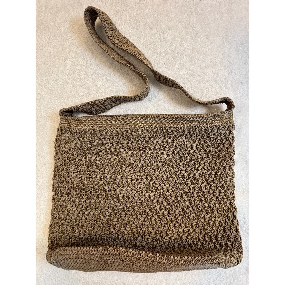 Liz Claiborne Tan Crochet Shoulder Bag Seashell Lining Woven Boho Crossbody